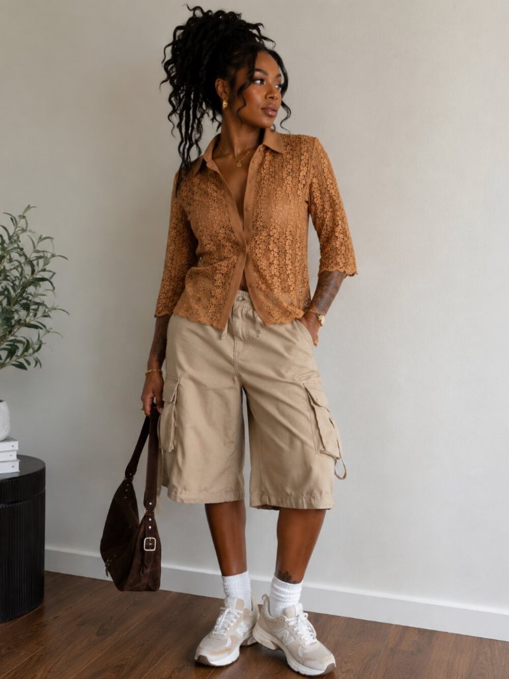 #204 Dindin Lace Button-Up Shirt Brown 3/4 Sleeve size 12